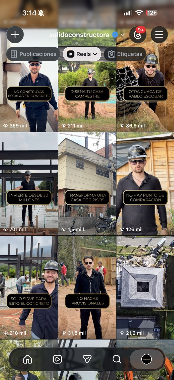 Perfil de Instagram de Sólido Constructora mostrando videos virales